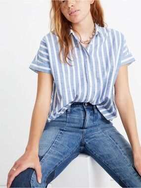Madewell Cropped Button-Down Shirt in Blue & White Stripe